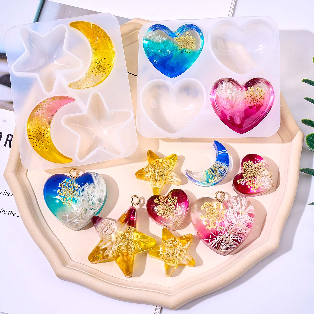 Resin Art Epoxy - Herz-Stern-Mond-Anhänger Silikonform DIY Epoxidharz Schmuckgussformen Halskettenform