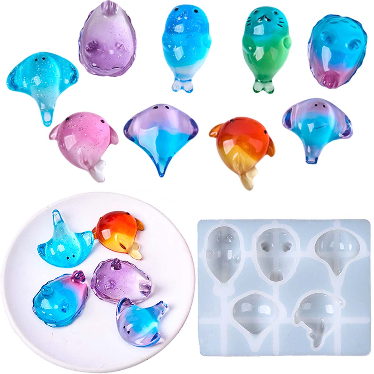 Resin Art Epoxy - 3D-Heilungs-Silikonform mit Kawaii Manta-Rochen- und Wal-Motiv